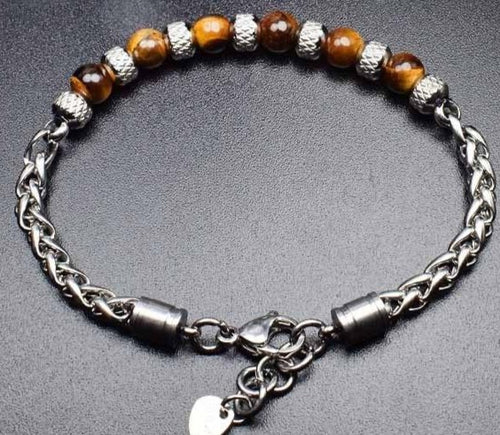 New Adjustable Natural Eye Stone Men's Bead Bracelet Stainless Steel Cuban Link Chain Bracelets