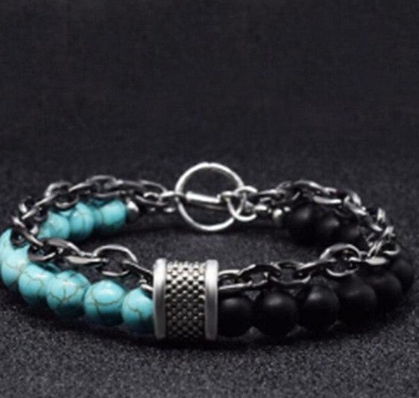 New Adjustable Natural Stone Men Bead Bracelet Stainless Steel Link Chain Bracelets