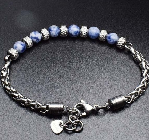 New Adjustable Single Natural Stone-Men Stainless Steel Bead Bracelet Link Chain Bracelets
