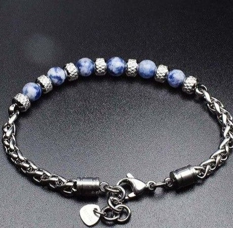 New Adjustable Single Natural Stone-Men Stainless Steel Bead Bracelet Link Chain Bracelets